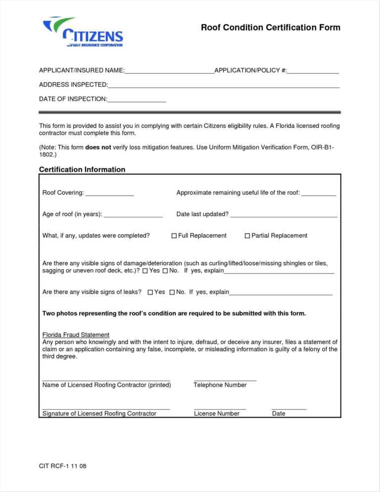Citizens Roof Certification Form