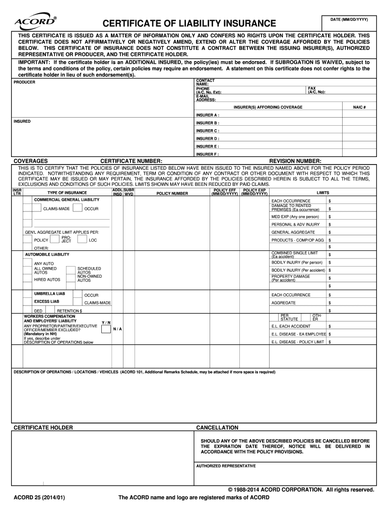 2014 2020 Form Acord 25 Fill Online, Printable, Fillable Inside Certificate Of Liability Insurance Template