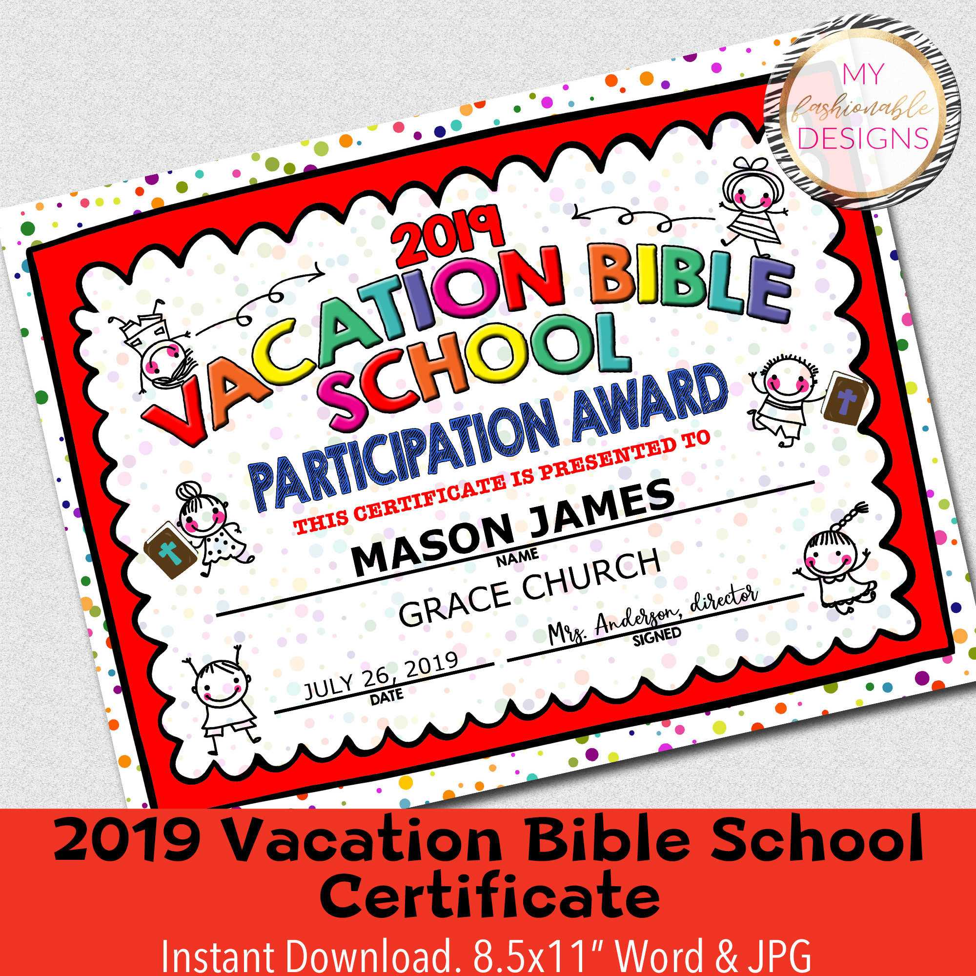 2019 Vbs Certificate, Vacation Bible School, Instant Download – 8.5X11"  Word And Jpg Inside Vbs Certificate Template