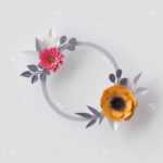 3D Render, Abstract Paper Flowers, Floral Background, Blank Round Frame,  Greeting Card Template Inside Headband Card Template