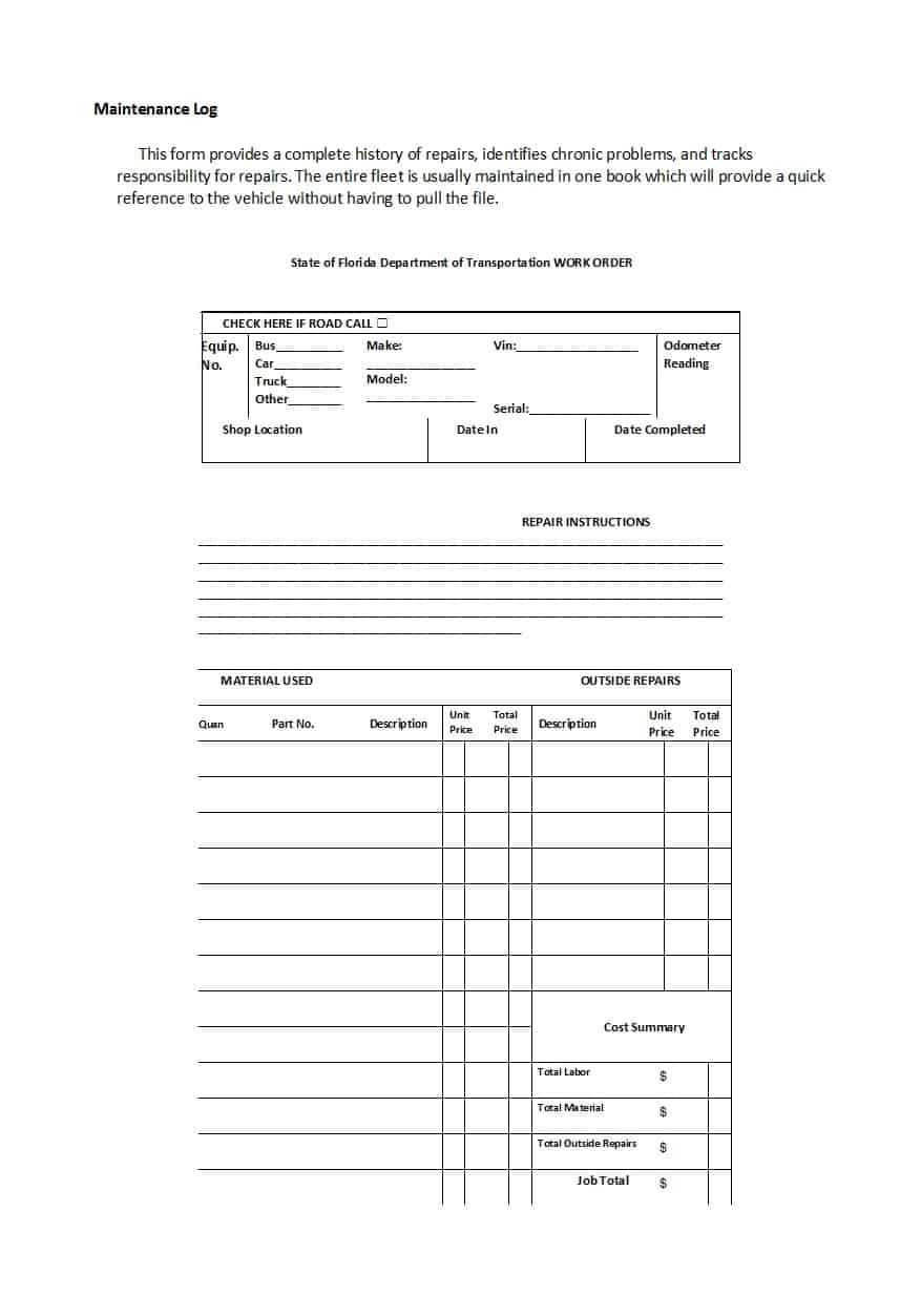 40 Printable Vehicle Maintenance Log Templates ᐅ Templatelab Intended For Service Job Card Template