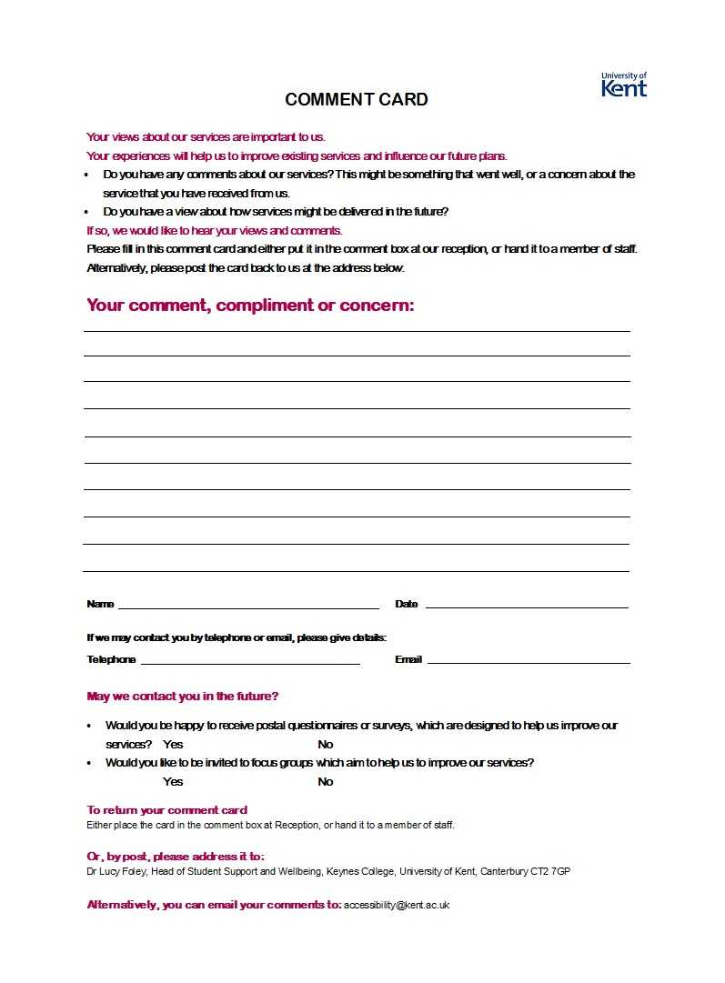 50 Printable Comment Card & Feedback Form Templates ᐅ For Survey Card Template