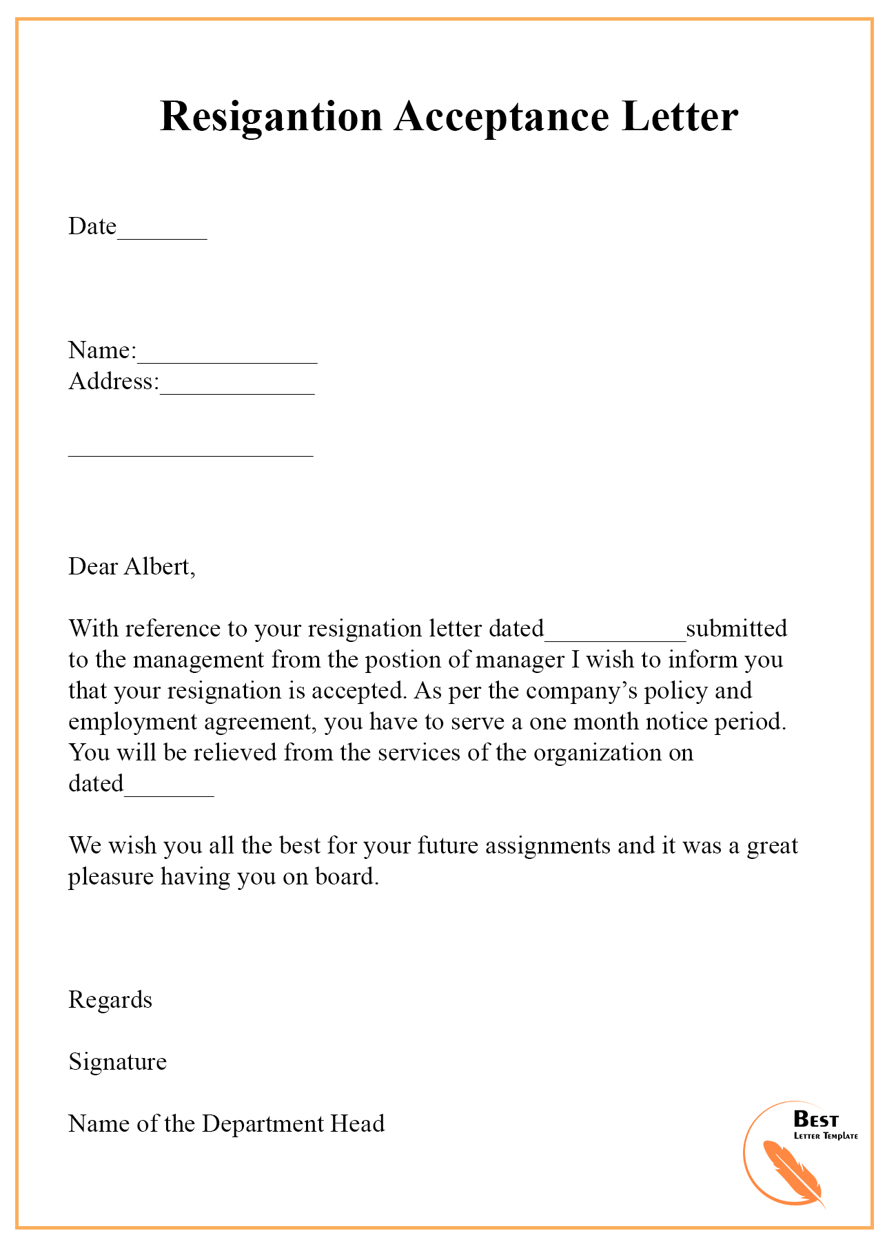 9+ Resignation Acceptance Letter Template [Examples Inside Certificate Of Acceptance Template