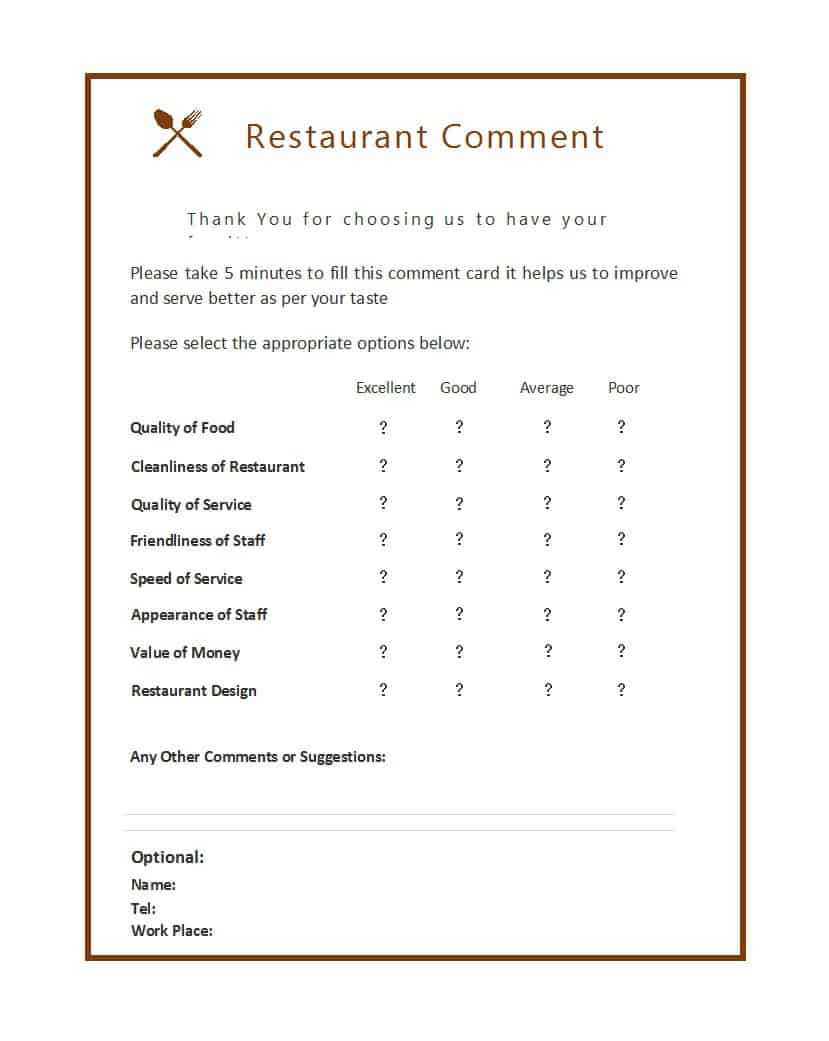 9 Restaurant Comment Card Templates - Free Sample Templates Within Restaurant Comment Card Template
