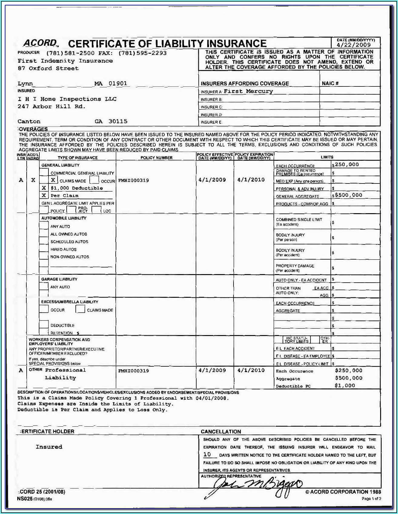 Acord Certificate Of Liability Insurance Form 2018 – Form In Certificate Of Liability Insurance Template