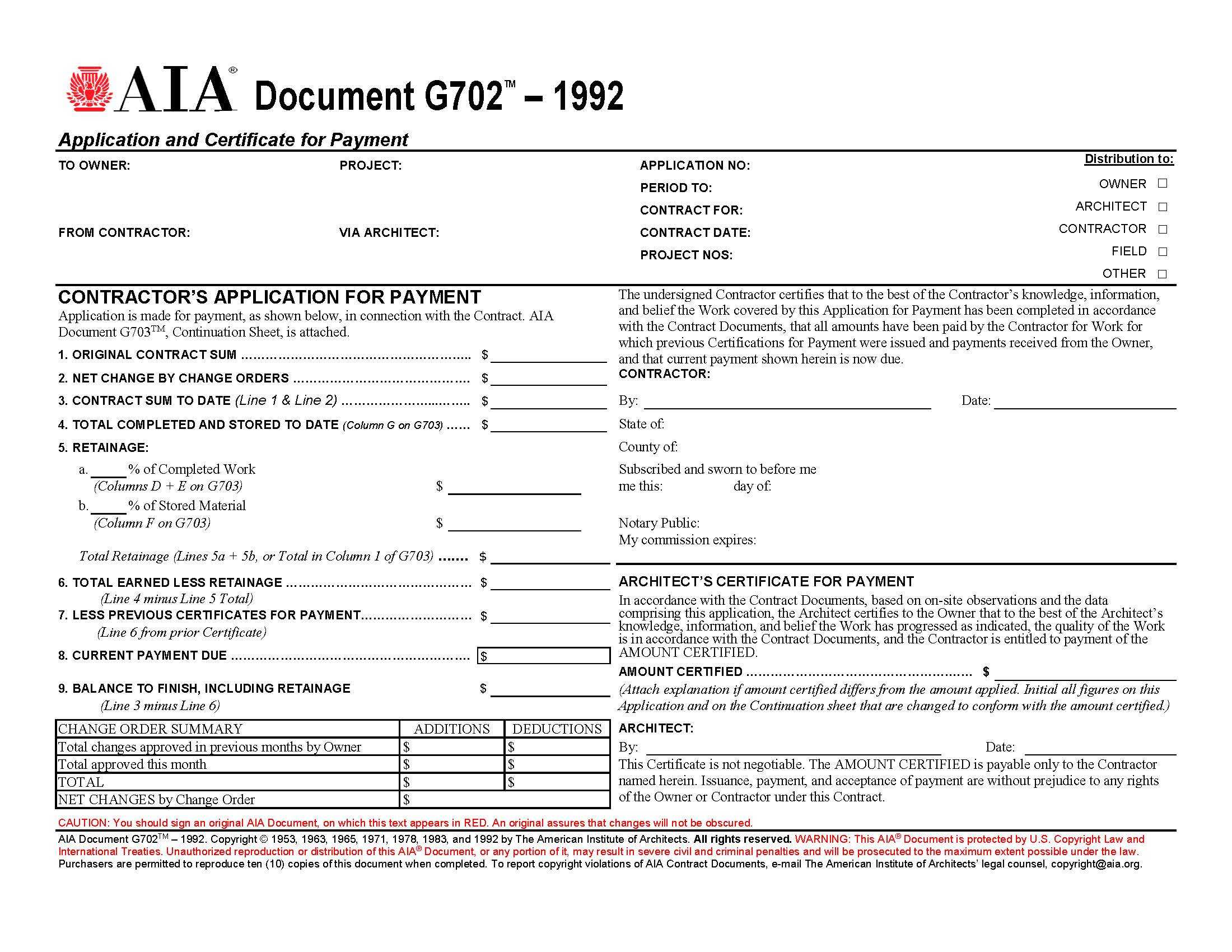 Aia Forms G702 & G703 Application, Certificate, And Continuation Within Certificate Of Substantial Completion Template