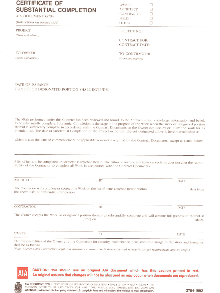 Aia G704 - Fill Online, Printable, Fillable, Blank | Pdffiller For Certificate Of Substantial Completion Template
