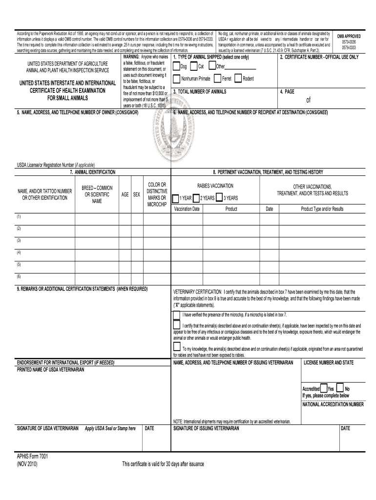 Aphis Form 7001 – Fill Online, Printable, Fillable, Blank For Veterinary Health Certificate Template