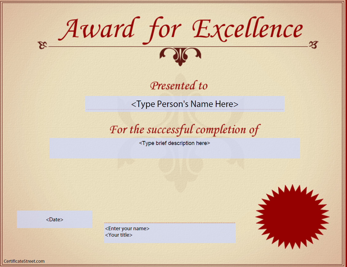 Award For Excellence Certificate | Templates At With Regard To Life Saving Award Certificate Template