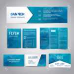 Banner, Flyers, Brochure, Business Cards, Gift Card Design Templates Set  With Geometric Triangular Blue Background. Corporate Identity Set, Inside Advertising Cards Templates
