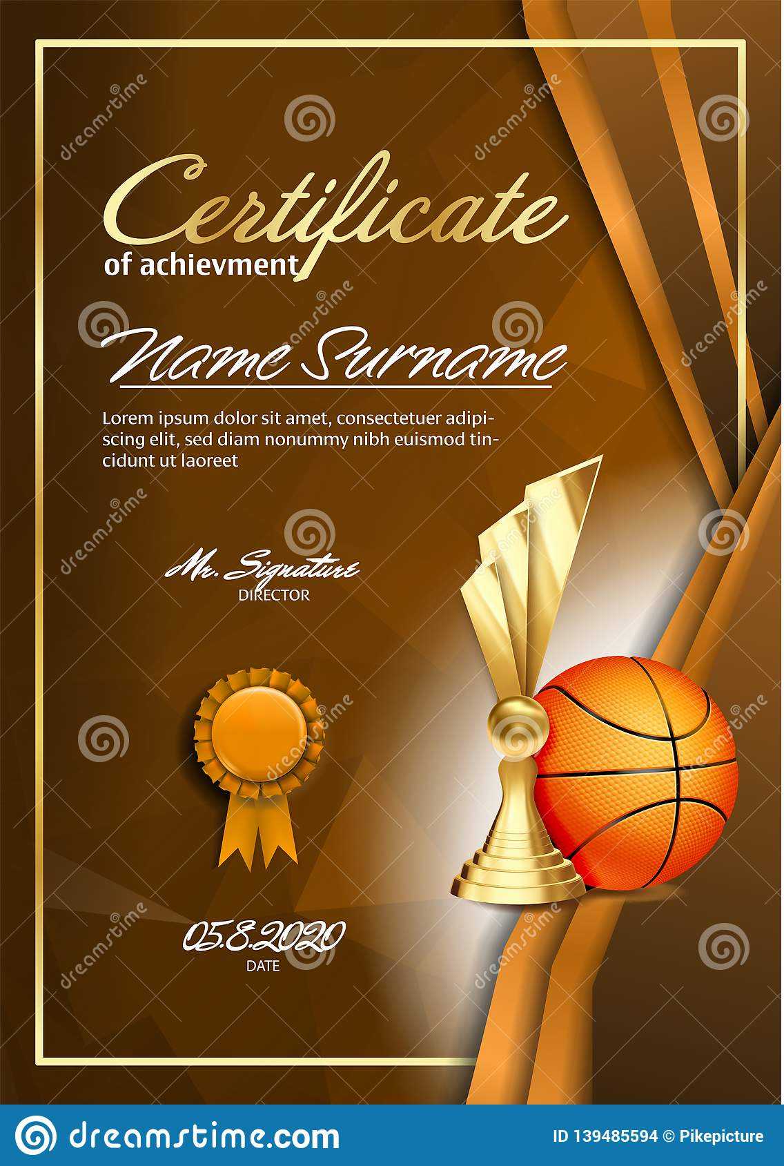 Basketball Certificate Diploma With Golden Cup Vector. Sport Intended For Basketball Certificate Template