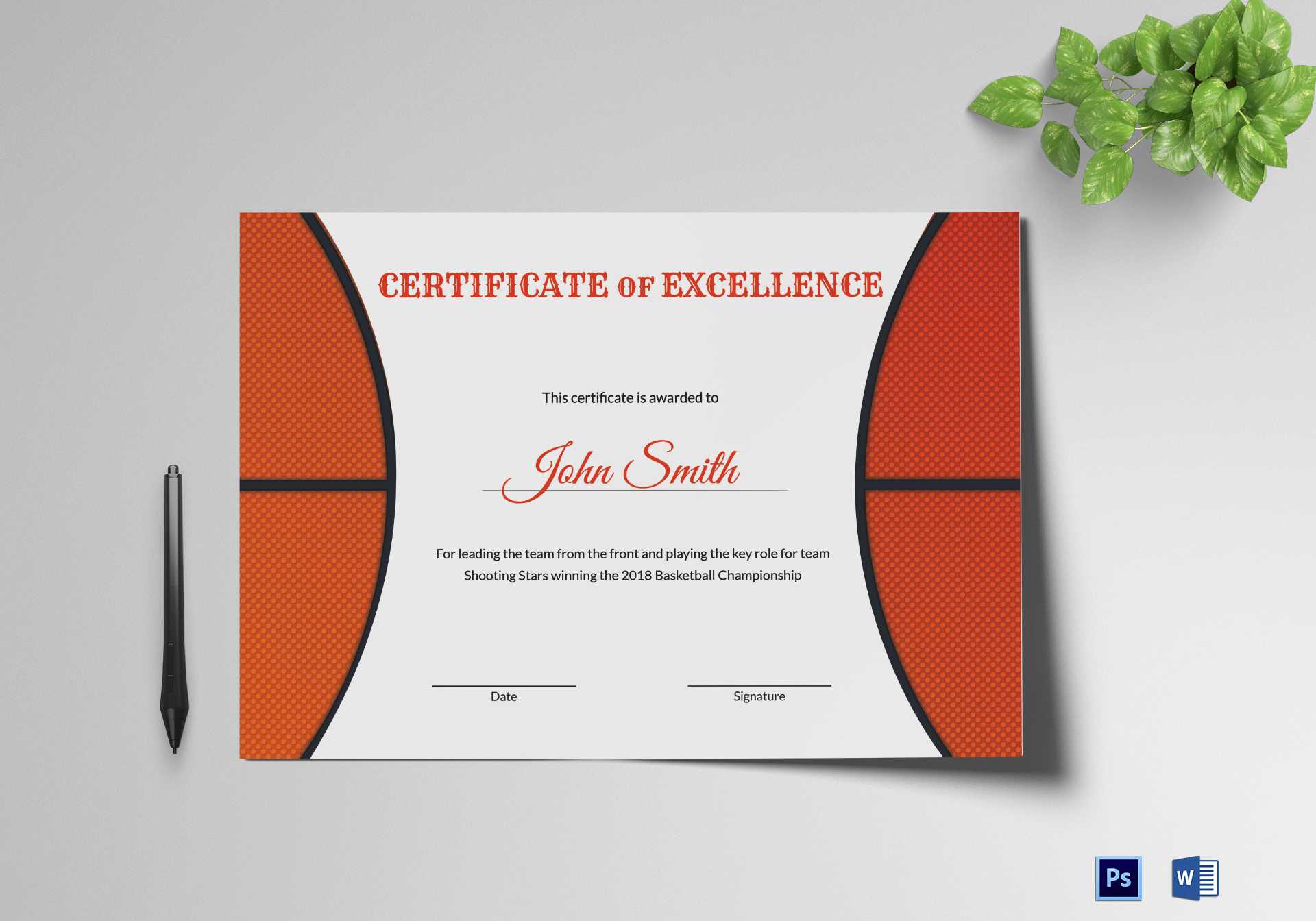 Basketball Excellence Award Certificate Template For Sports Award Certificate Template Word