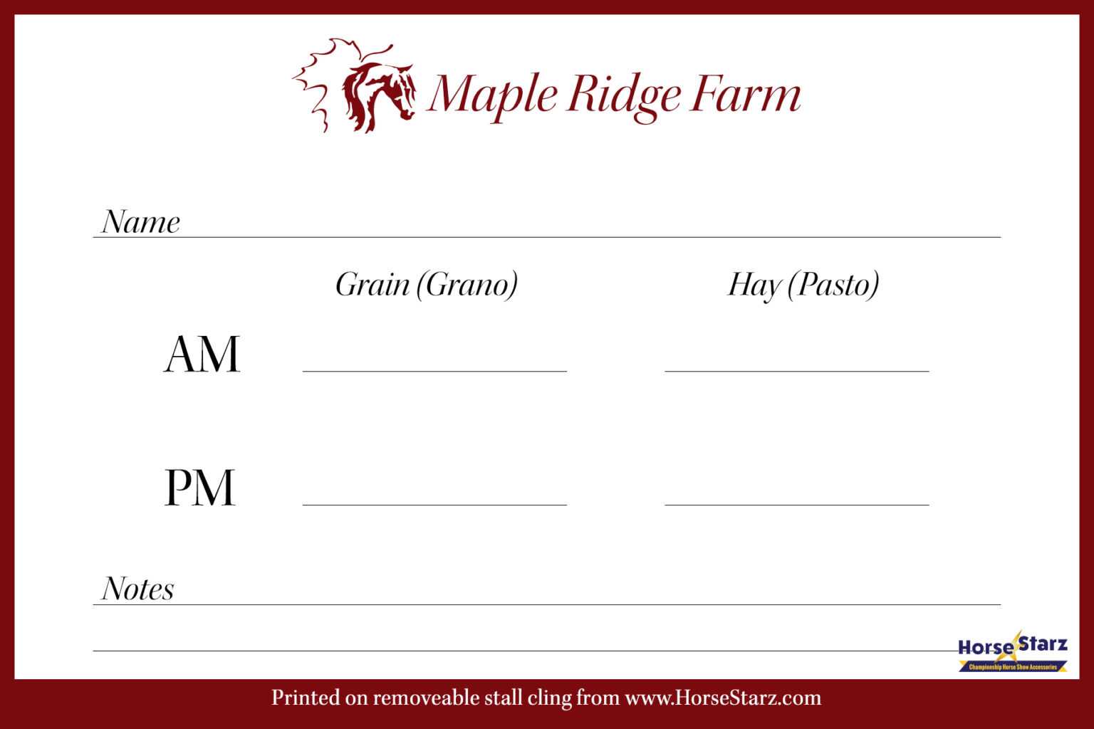 Printable Horse Stall Card Template