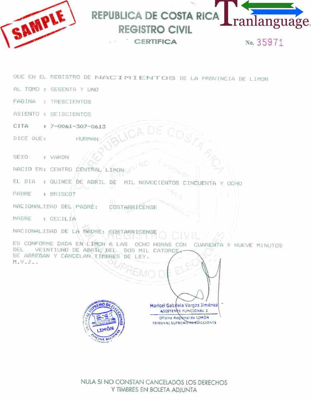Birth Certificate Costa Rica With Birth Certificate Translation Template Uscis