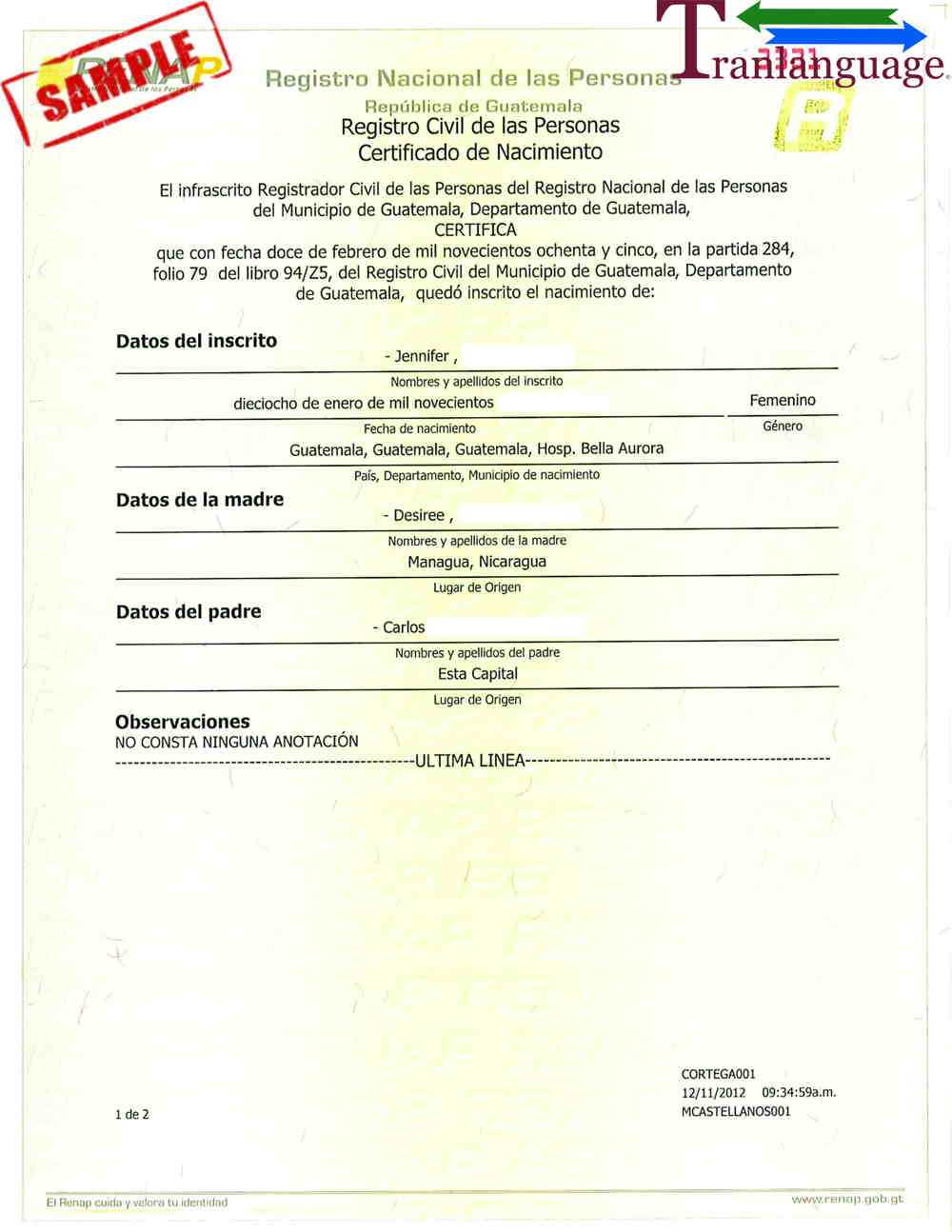 Birth Certificate Guatemala In Birth Certificate Translation Template English To Spanish
