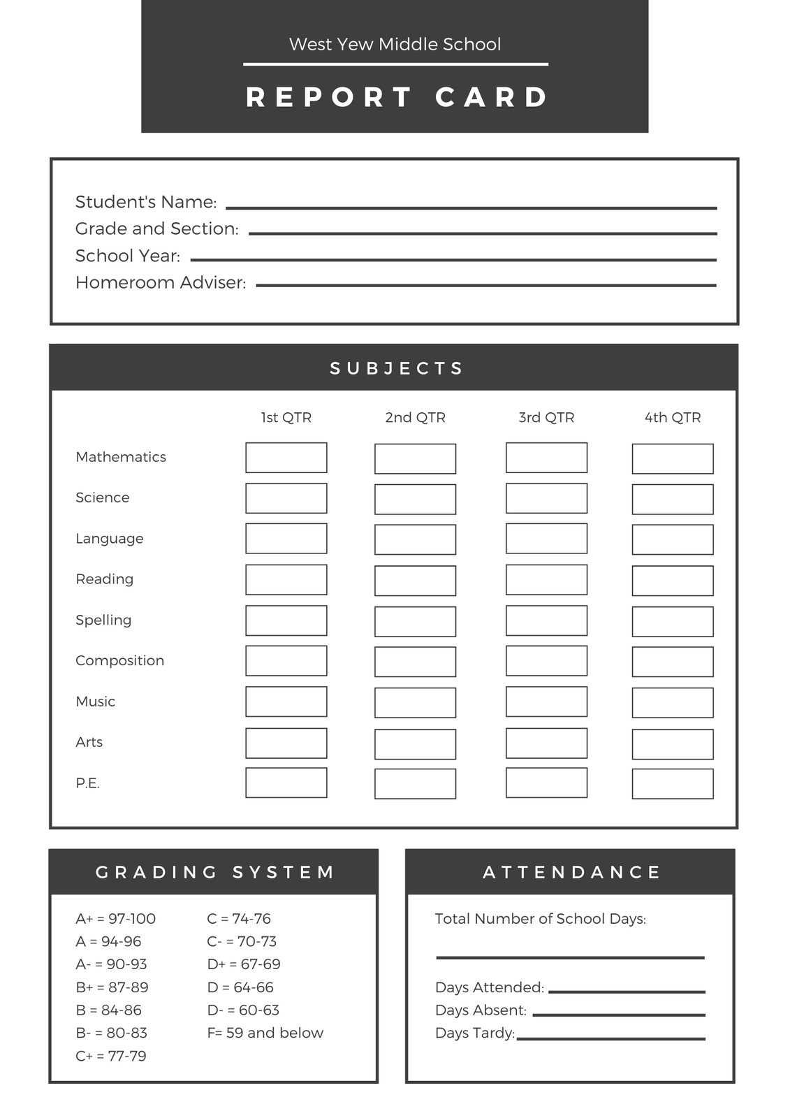 Black White Middle School Report Card – Templatescanva Within Report Card Template Middle School