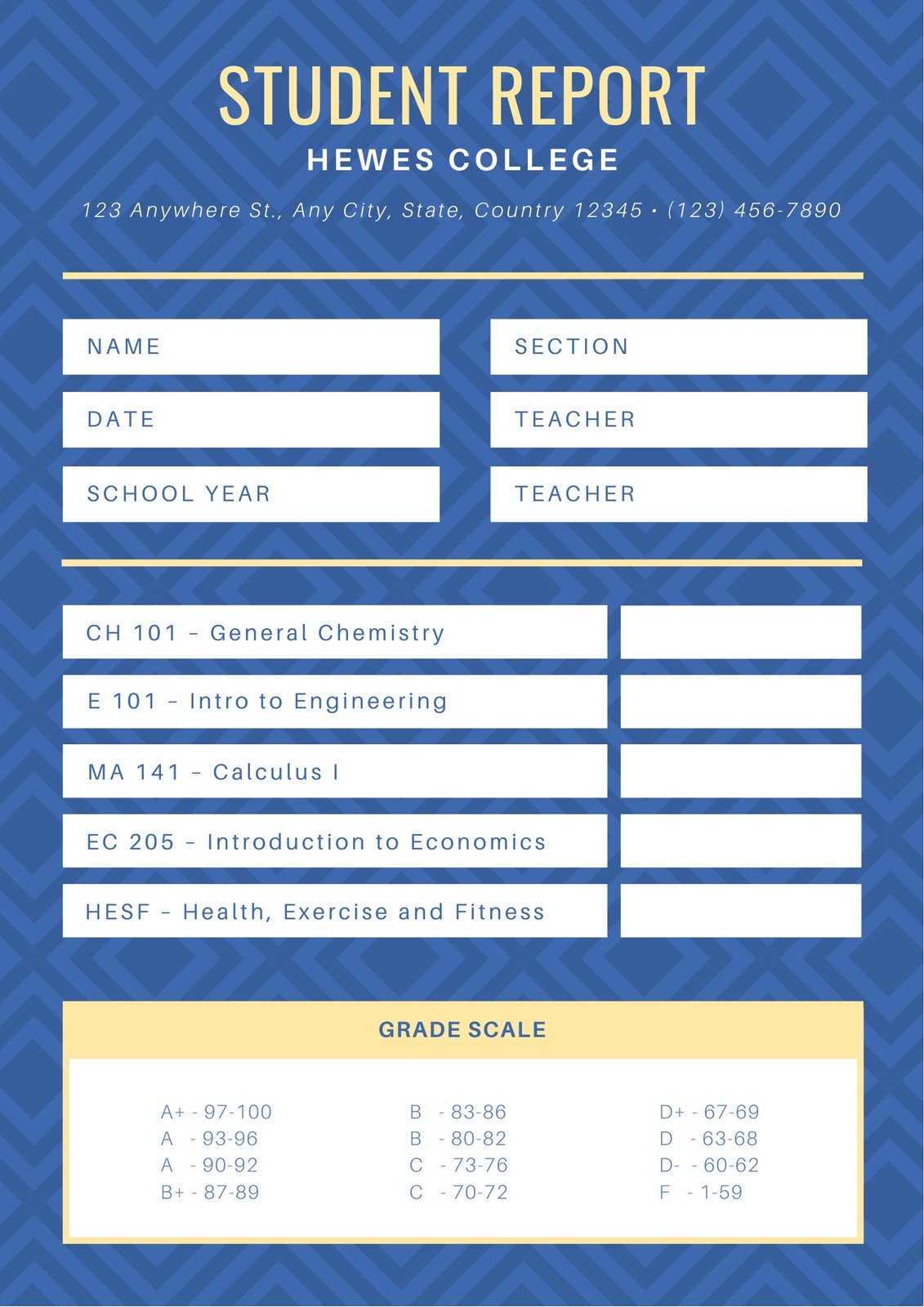 Blue Diamond Pattern College Report Card – Templatescanva Throughout College Report Card Template