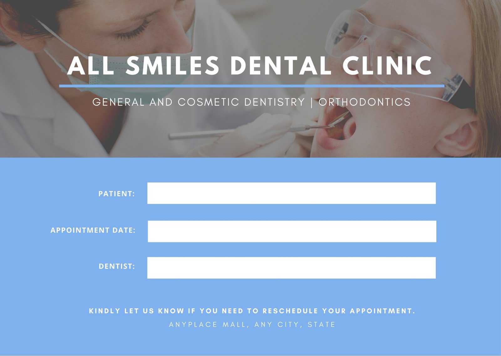 Blue Patient Photo Dentist Appointment Card – Templatescanva For Dentist Appointment Card Template