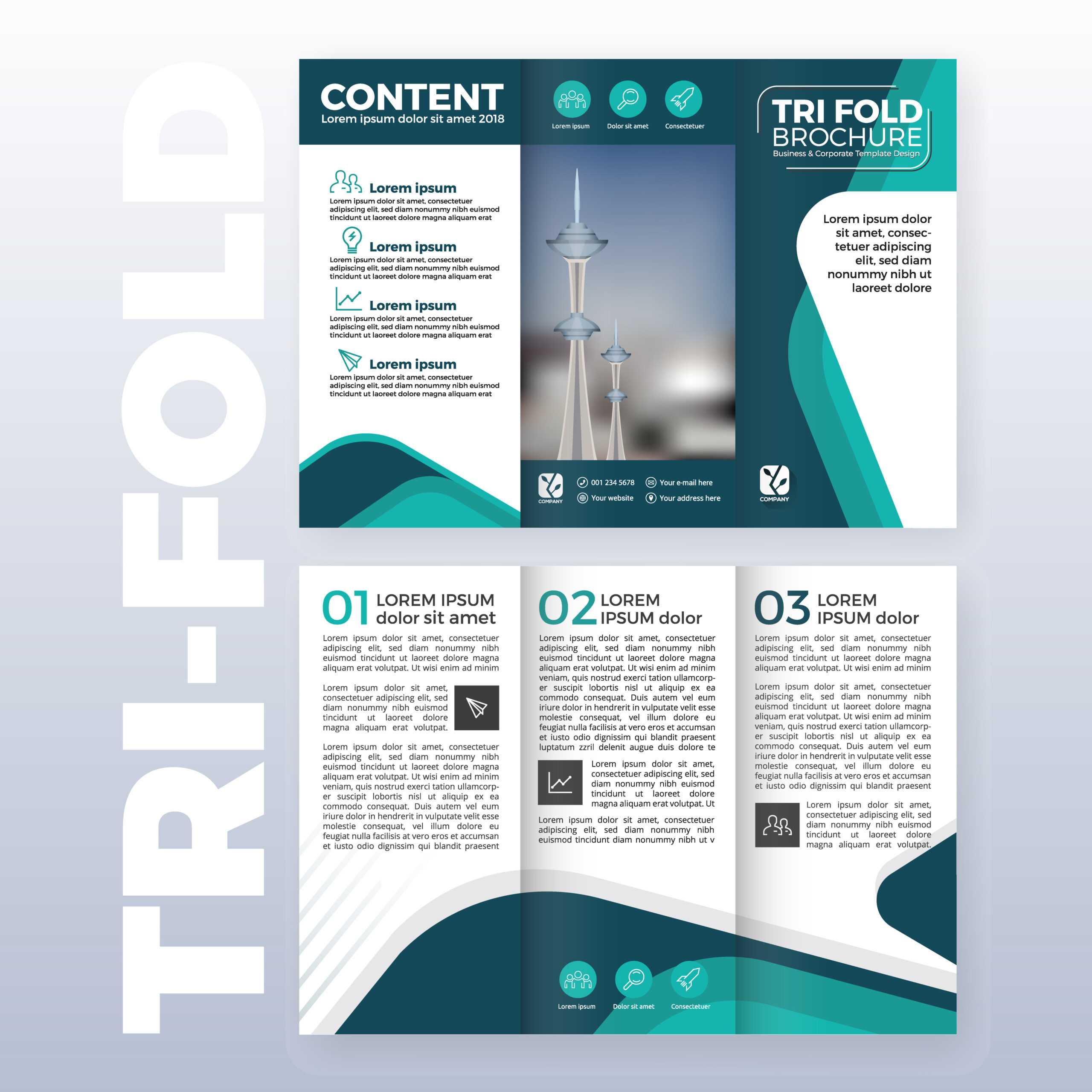 Business Tri Fold Brochure Template Design With Turquoise Within Tri Fold Brochure Publisher Template
