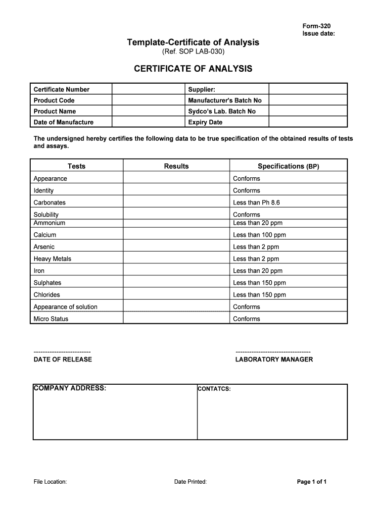 Certificate Of Analysis Template – Fill Online, Printable For Certificate Of Appearance Template