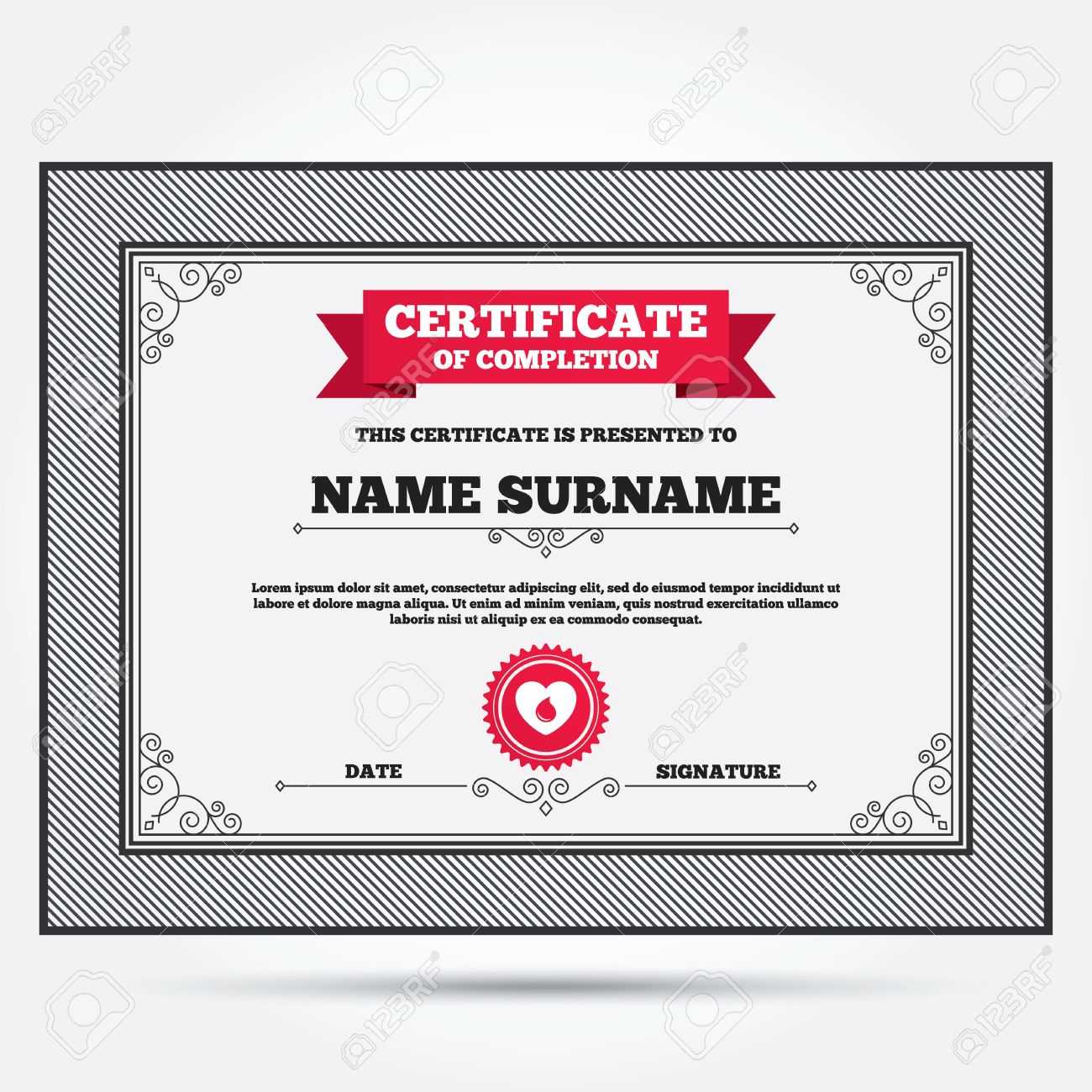 Certificate Of Completion. Blood Donation Sign Icon. Medical.. Regarding Donation Certificate Template