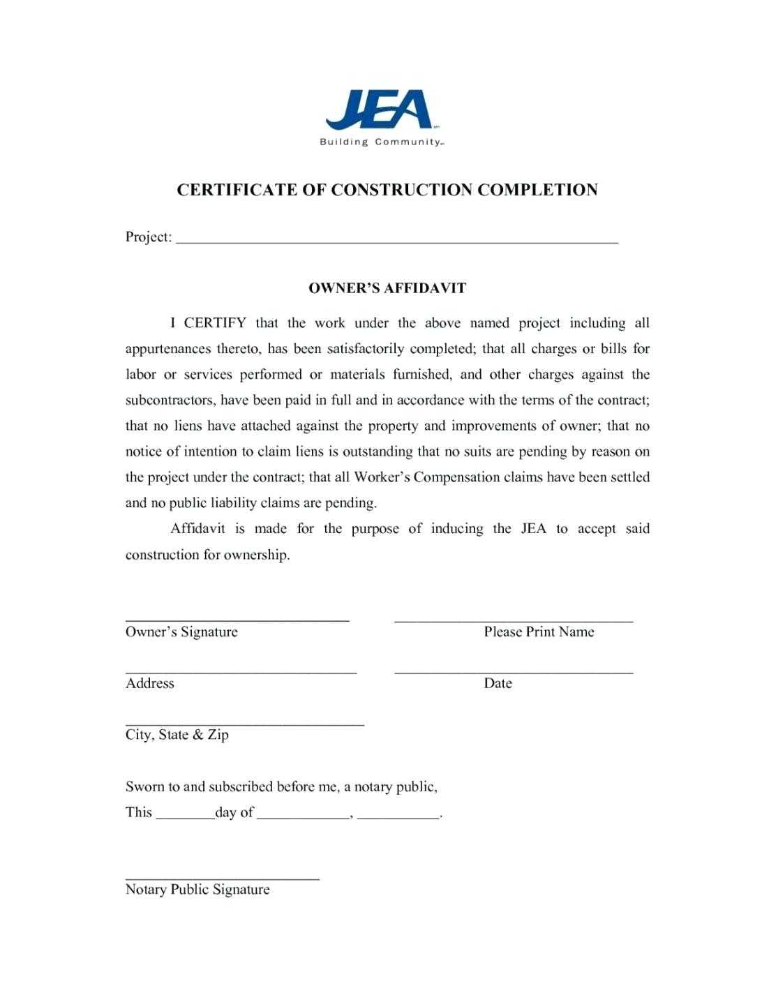 Construction Certificate Of Completion Template Word