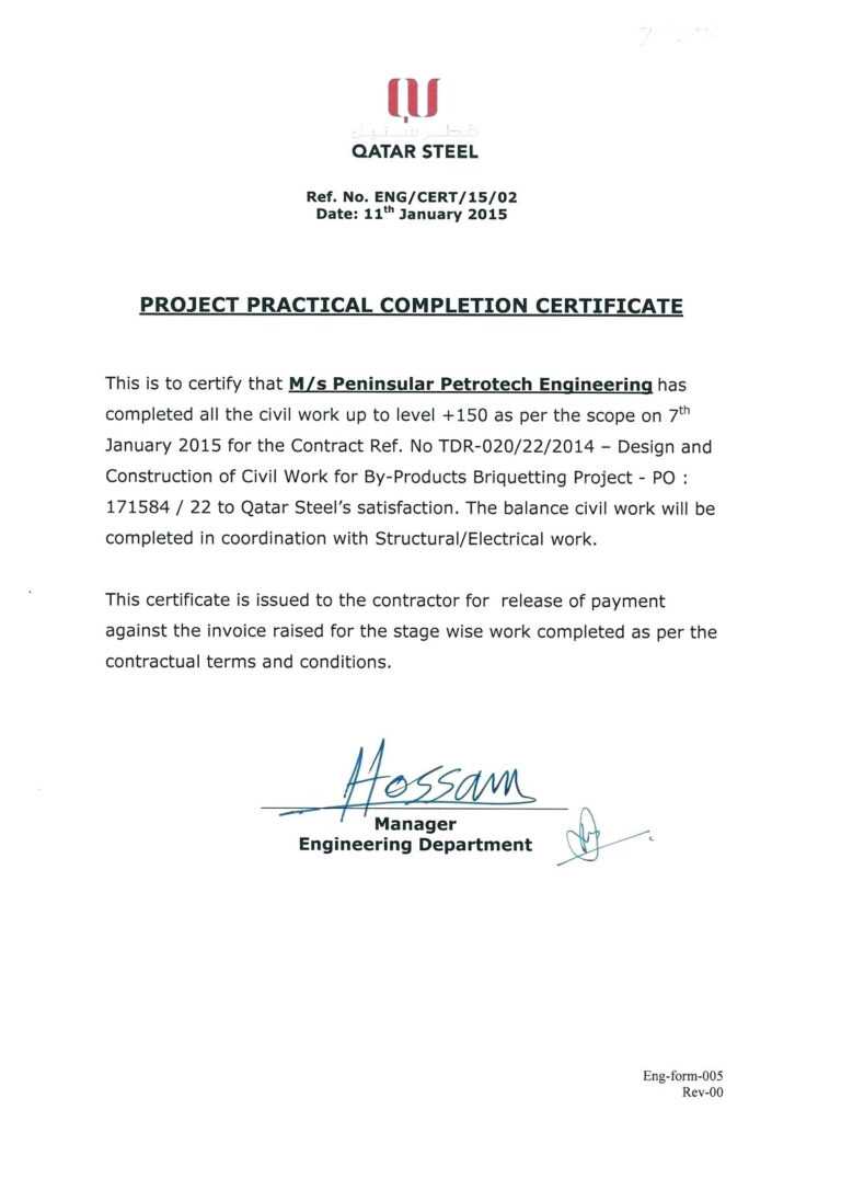 Construction Completion Certificate Template
