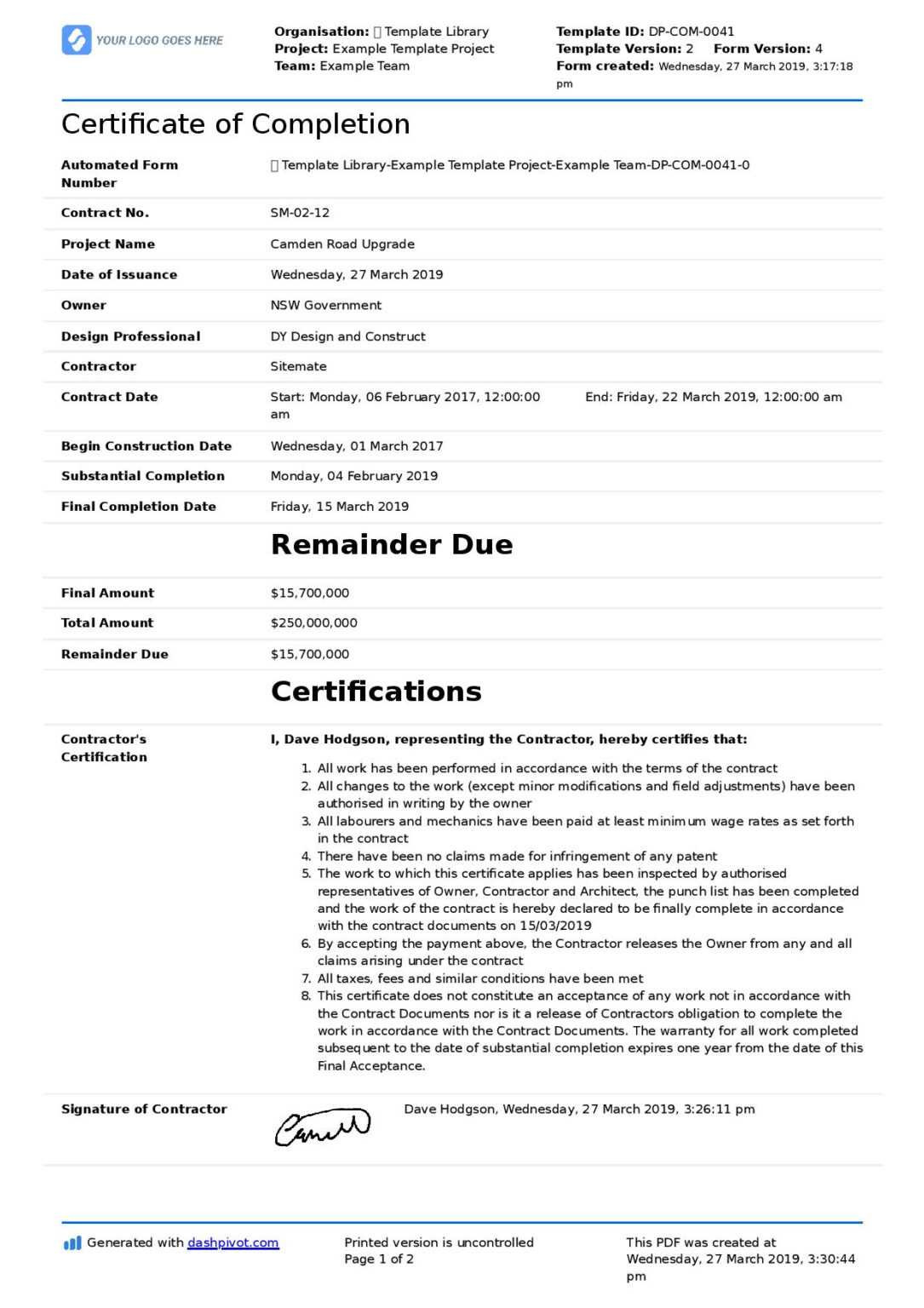 Certificate Of Completion For Construction Free Template Inside 