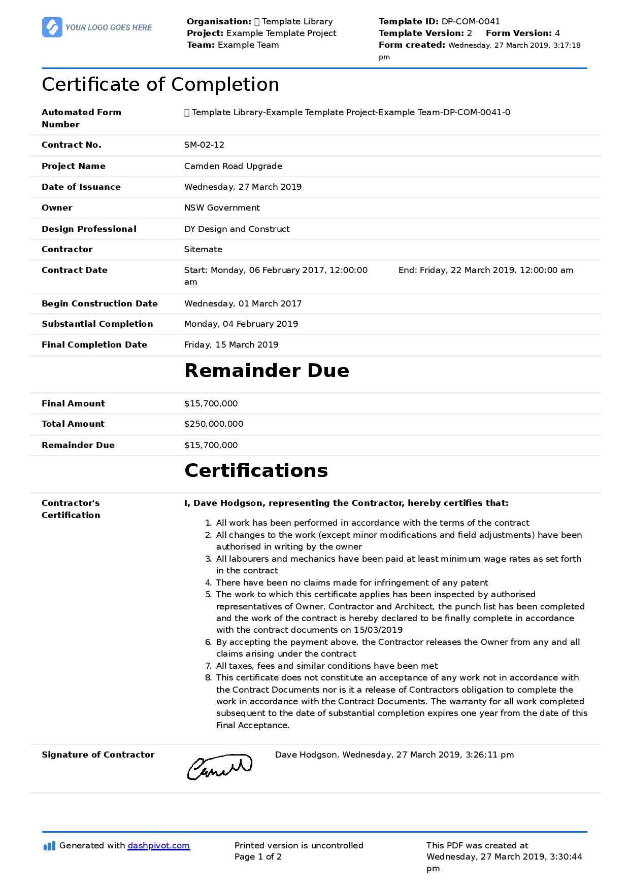 Certificate Of Completion For Construction (Free Template + Throughout Certificate Of Completion Construction Templates