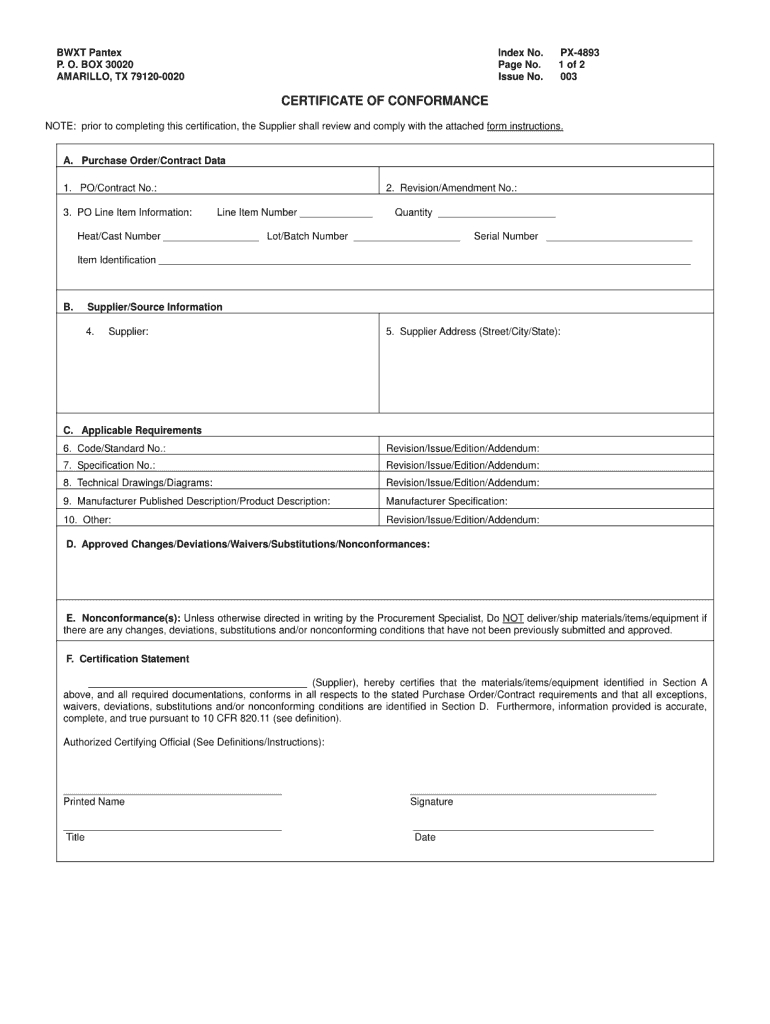 Certificate Of Conformance Template – Fill Online, Printable Pertaining To Certificate Of Compliance Template