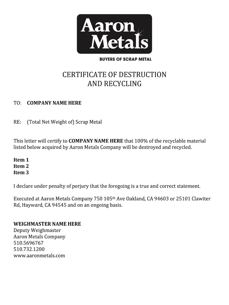 Certificate Of Destruction Template – Fill Online, Printable With Regard To Free Certificate Of Destruction Template