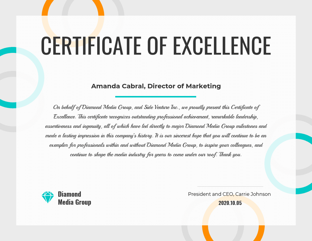Certificate Of Excellence Inside Volunteer Certificate Templates