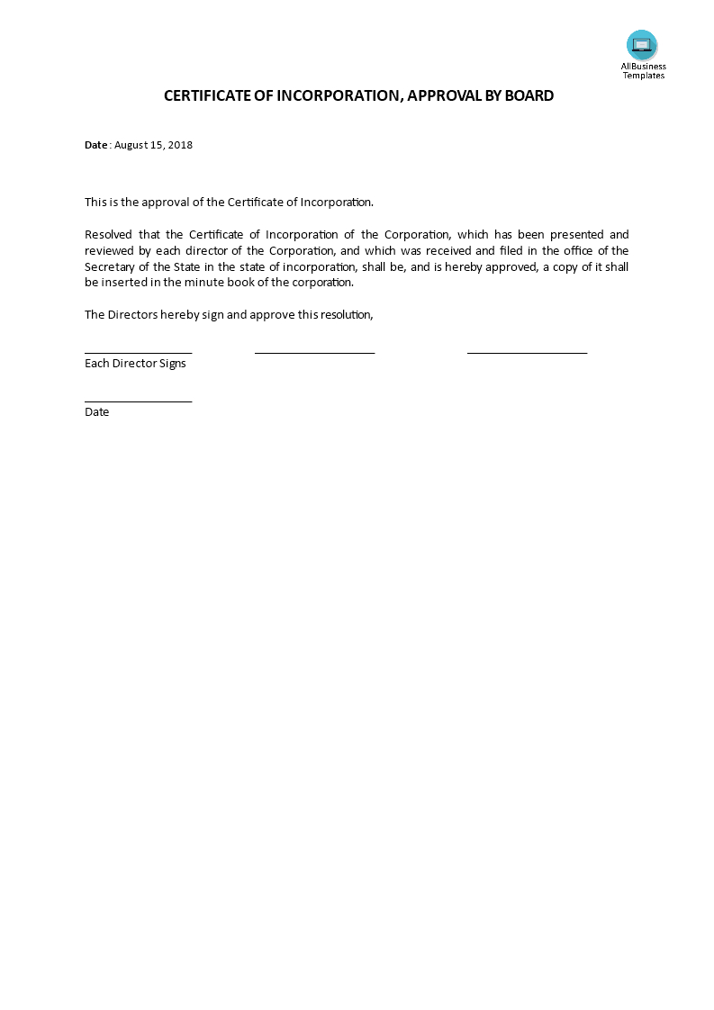 Certificate Of Incorporation, Board Acceptance | Templates At For Certificate Of Acceptance Template