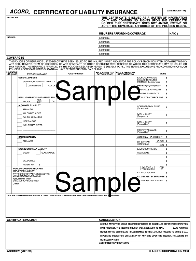 Certificate Of Insurance Template – Fill Online, Printable For Certificate Of Insurance Template