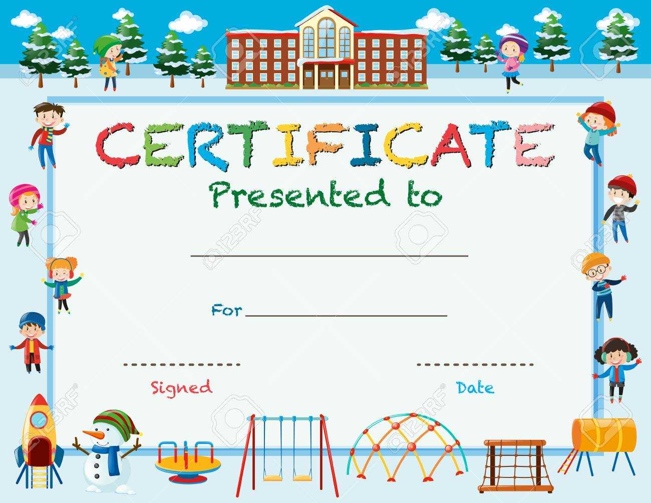 Certificate Template With Kids In Winter At School Illustration For Certificate Templates For School