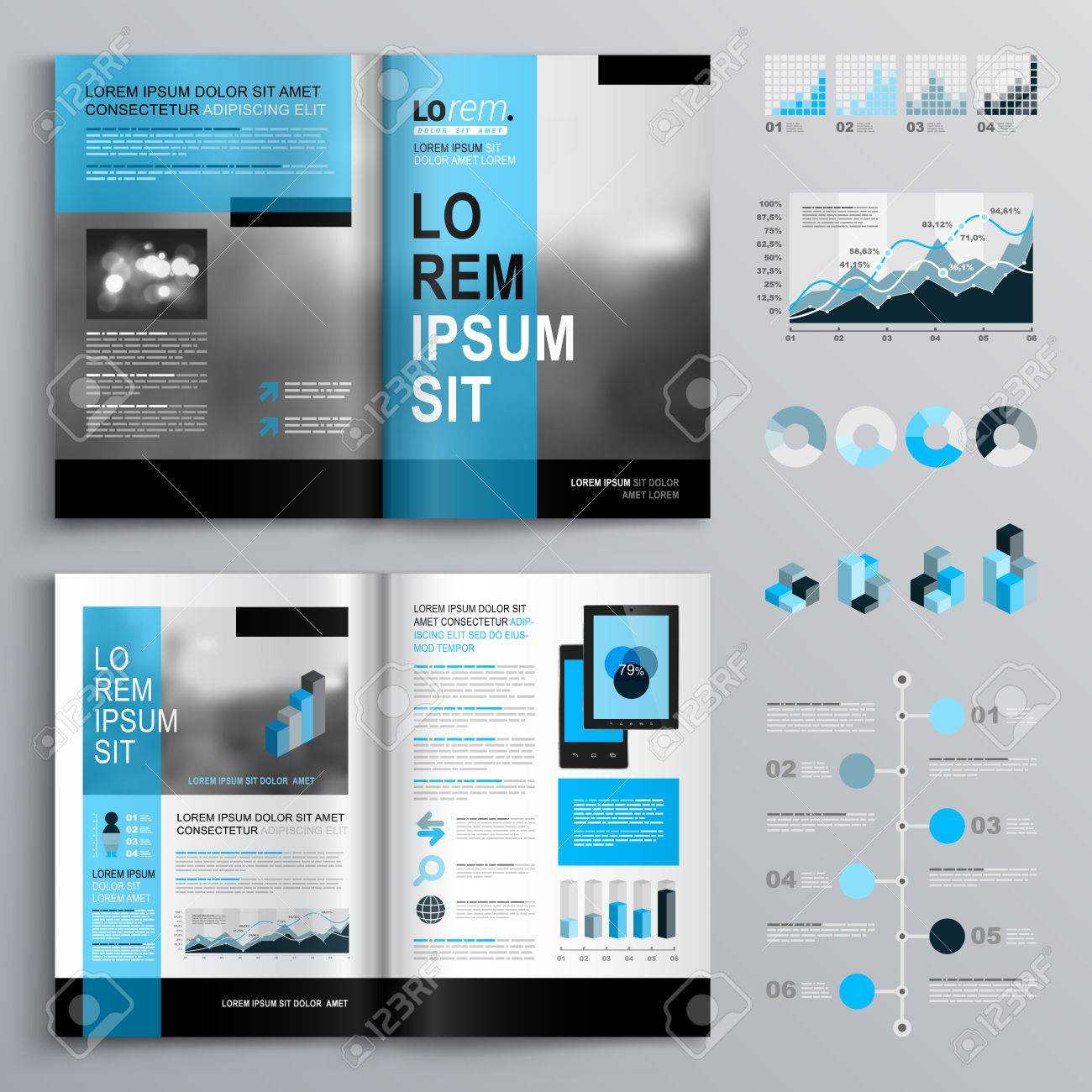 Classic Brochure Template Design With Blue Shapes. Cover Layout And  Infographics In 12 Page Brochure Template