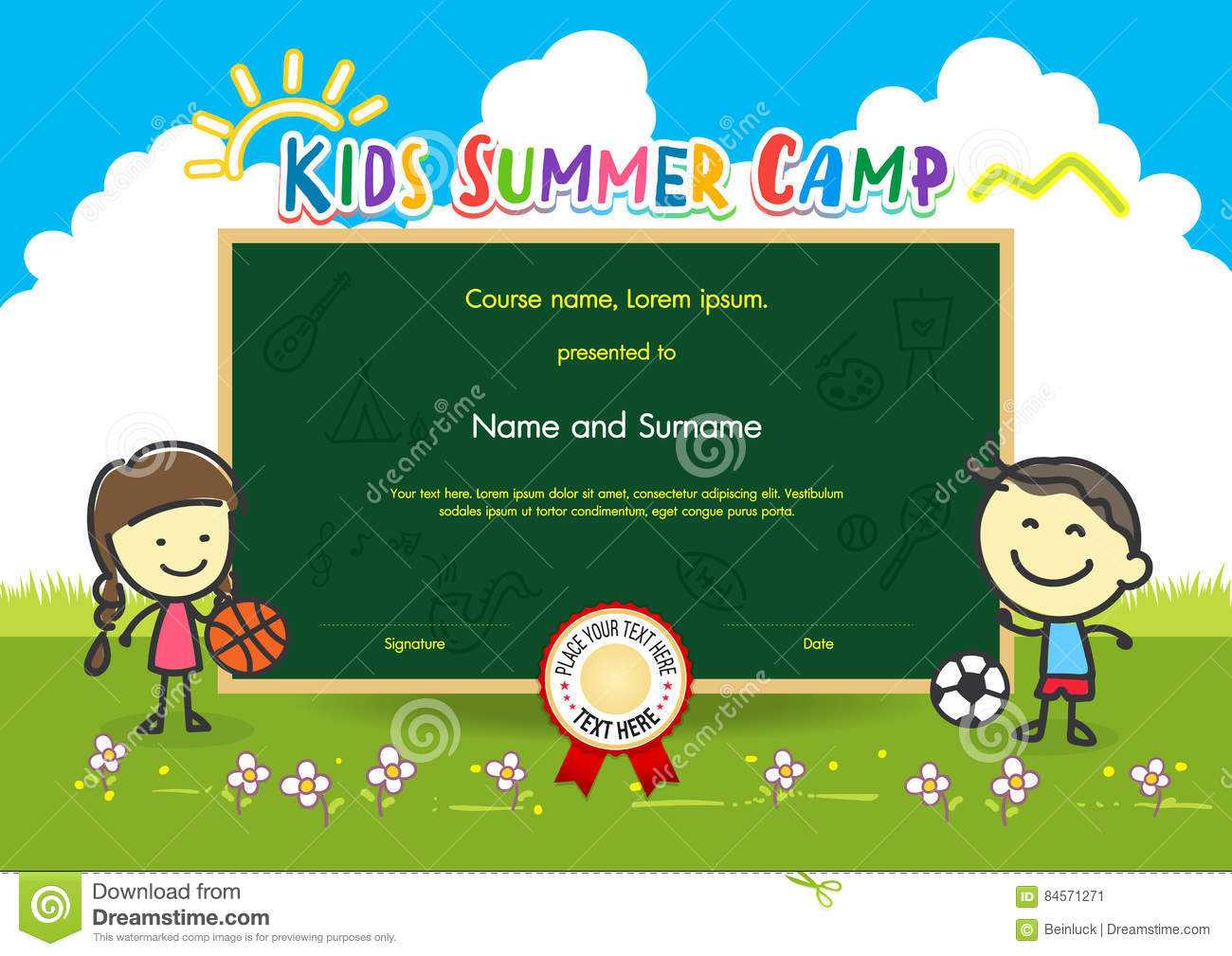 Colorful Kids Summer Camp Diploma Certificate Template In With Basketball Camp Certificate Template