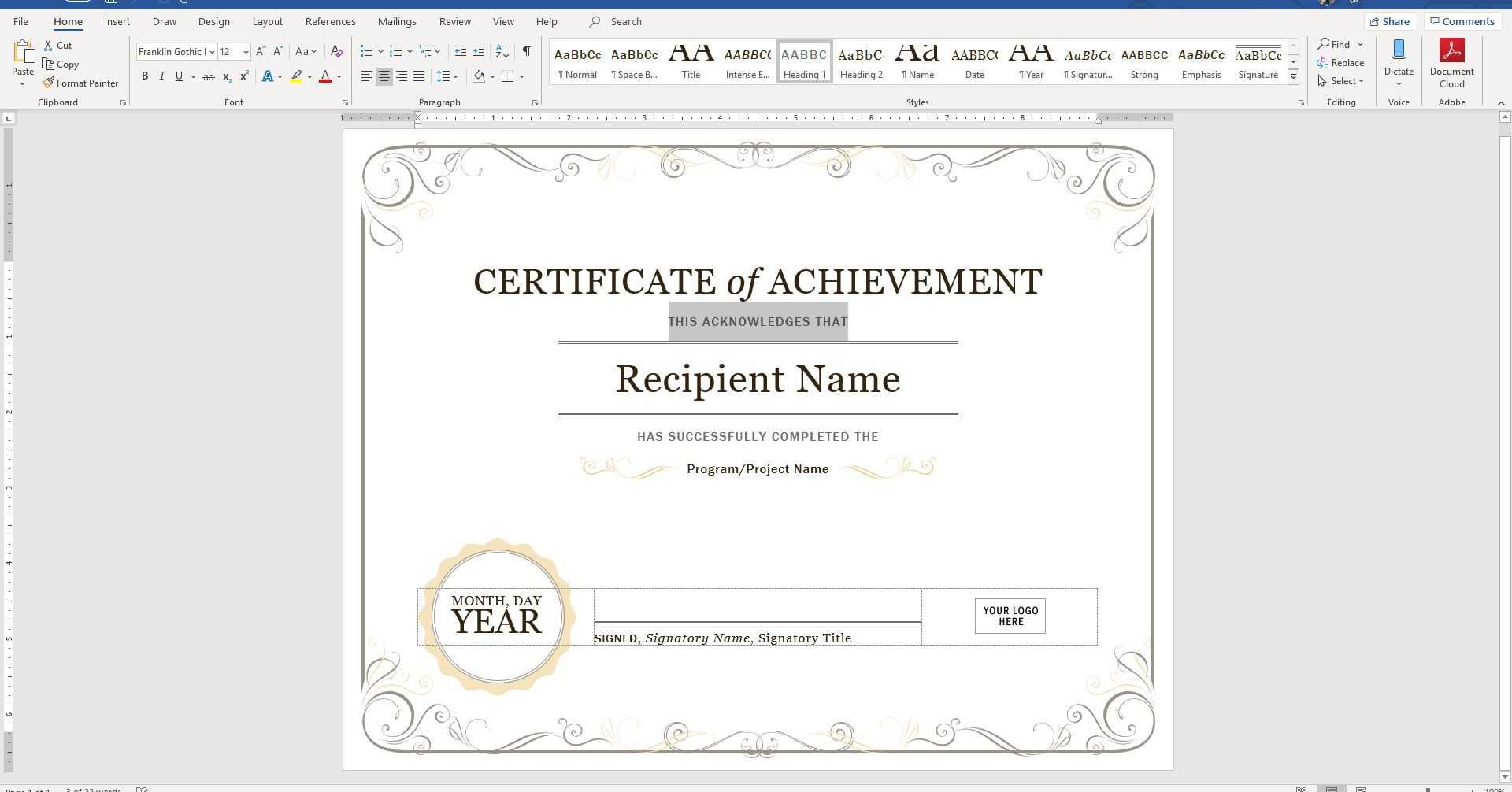 Create A Certificate Of Recognition In Microsoft Word With Regard To Microsoft Office Certificate Templates Free