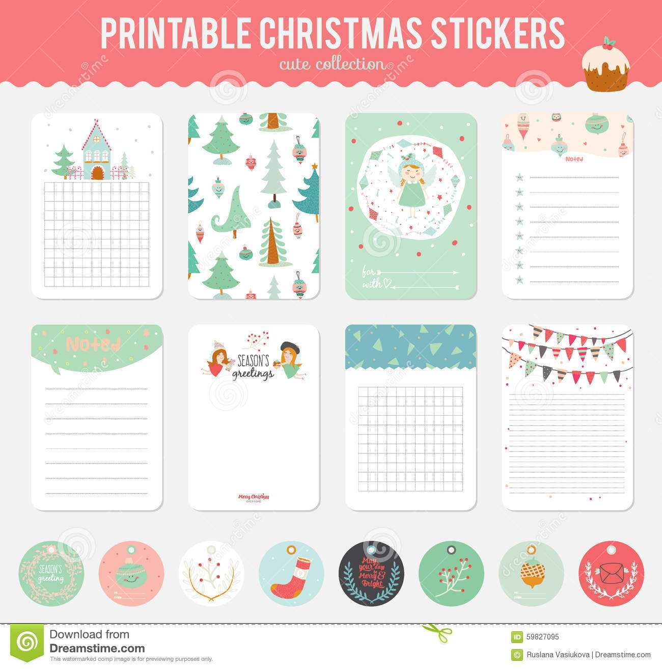 Cute Vector Christmas Cards And Stickers Stock Vector For Christmas Note Card Templates