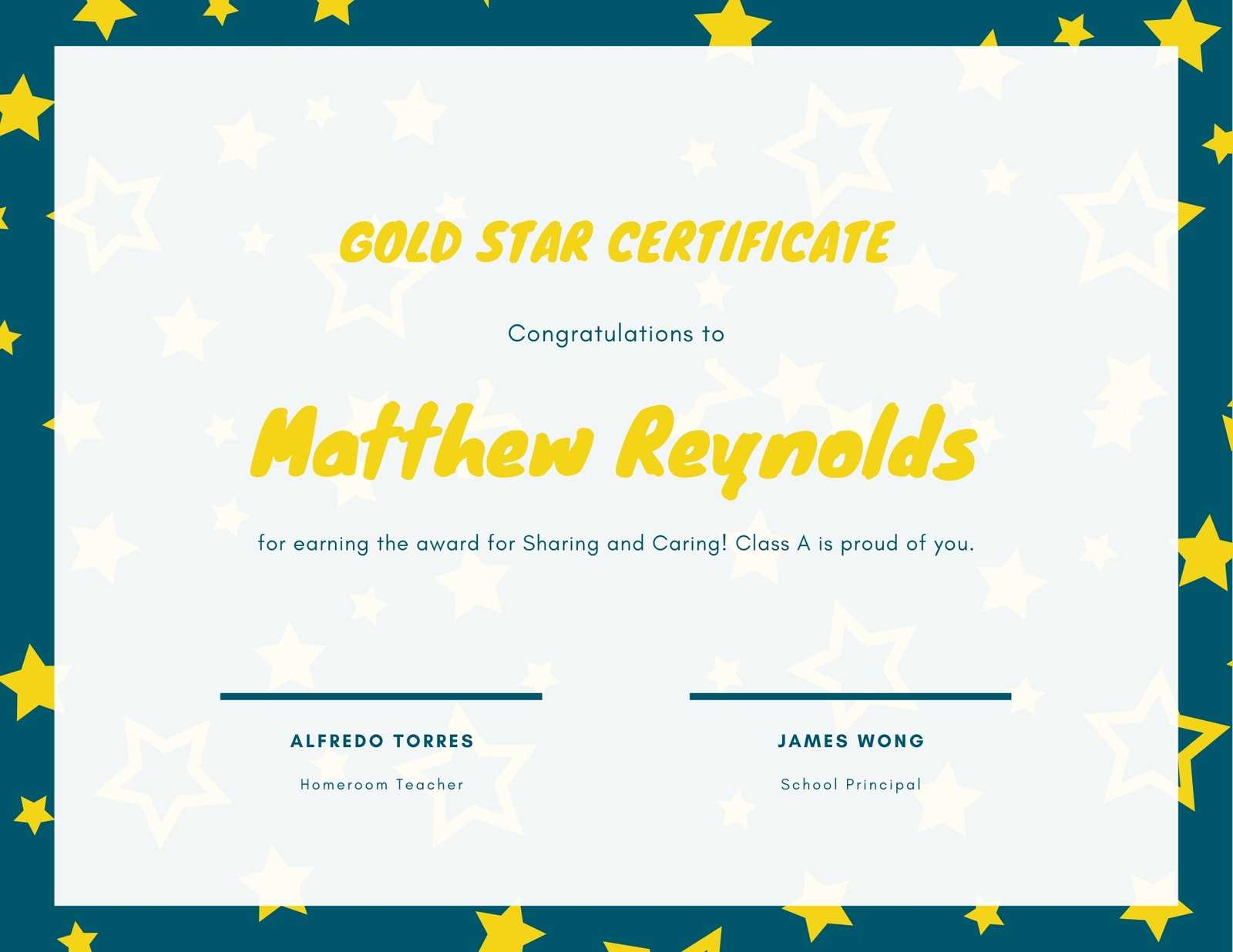 Dark Teal And Yellow Star Kinder Student Certificate In Star Of The Week Certificate Template