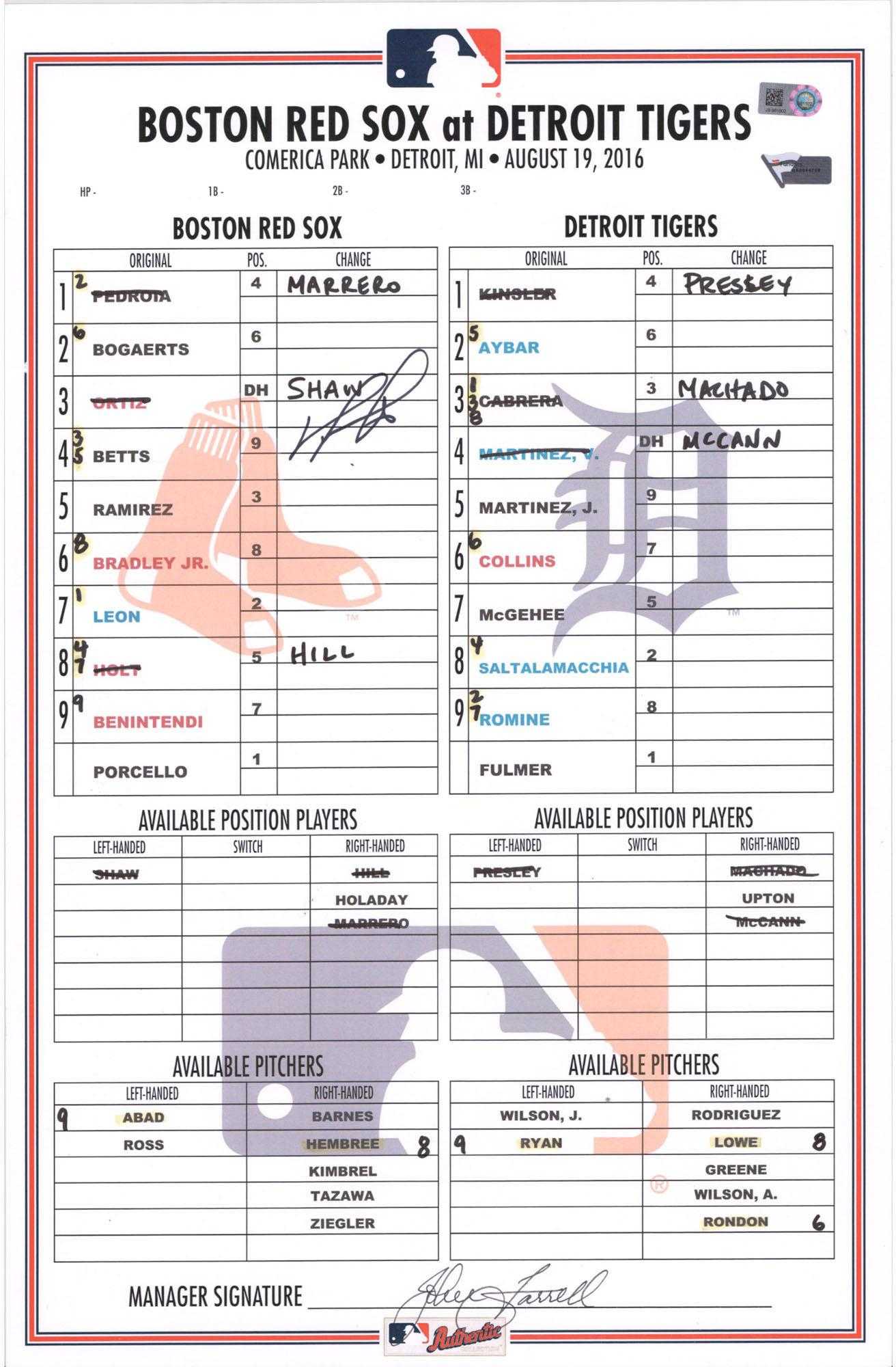 David Ortiz Boston Red Sox Подпись Гу Линейка Карта Vs Тигры Intended For Dugout Lineup Card Template