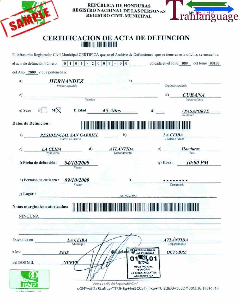 Death Certificate Honduras In Marriage Certificate Translation From Spanish To English Template