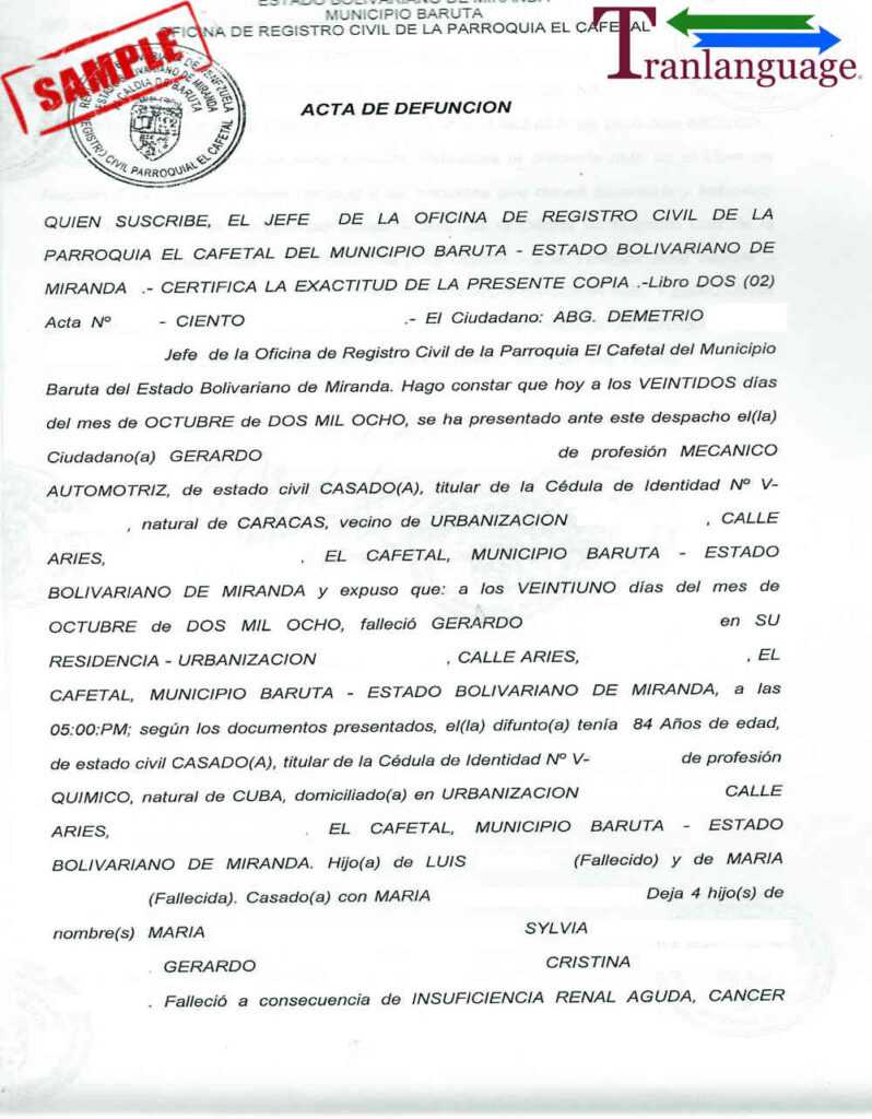 Death Certificate Venezuela I in Uscis Birth Certificate Translation
