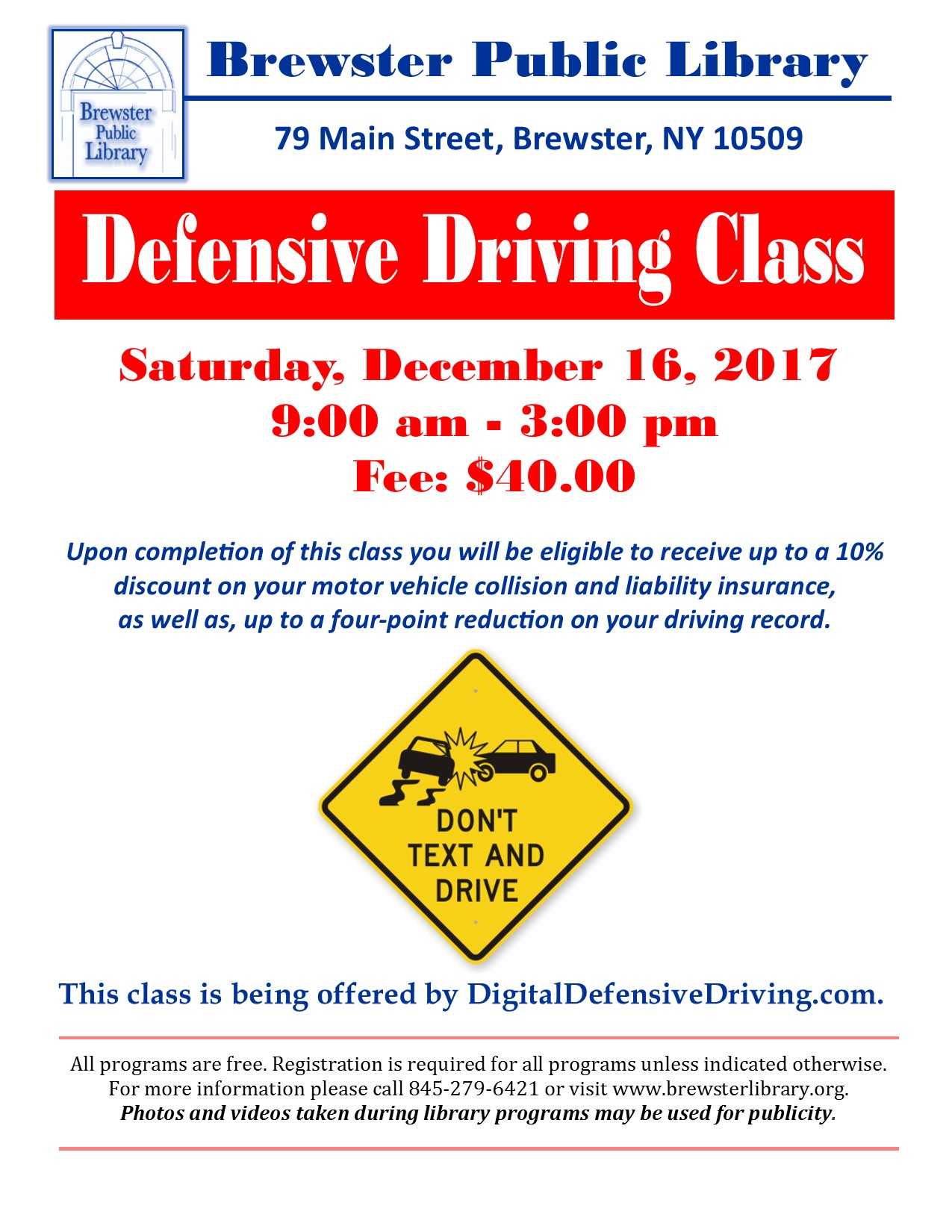 Defensive Driving Course December 16 At Brewster Library Within Safe Driving Certificate Template