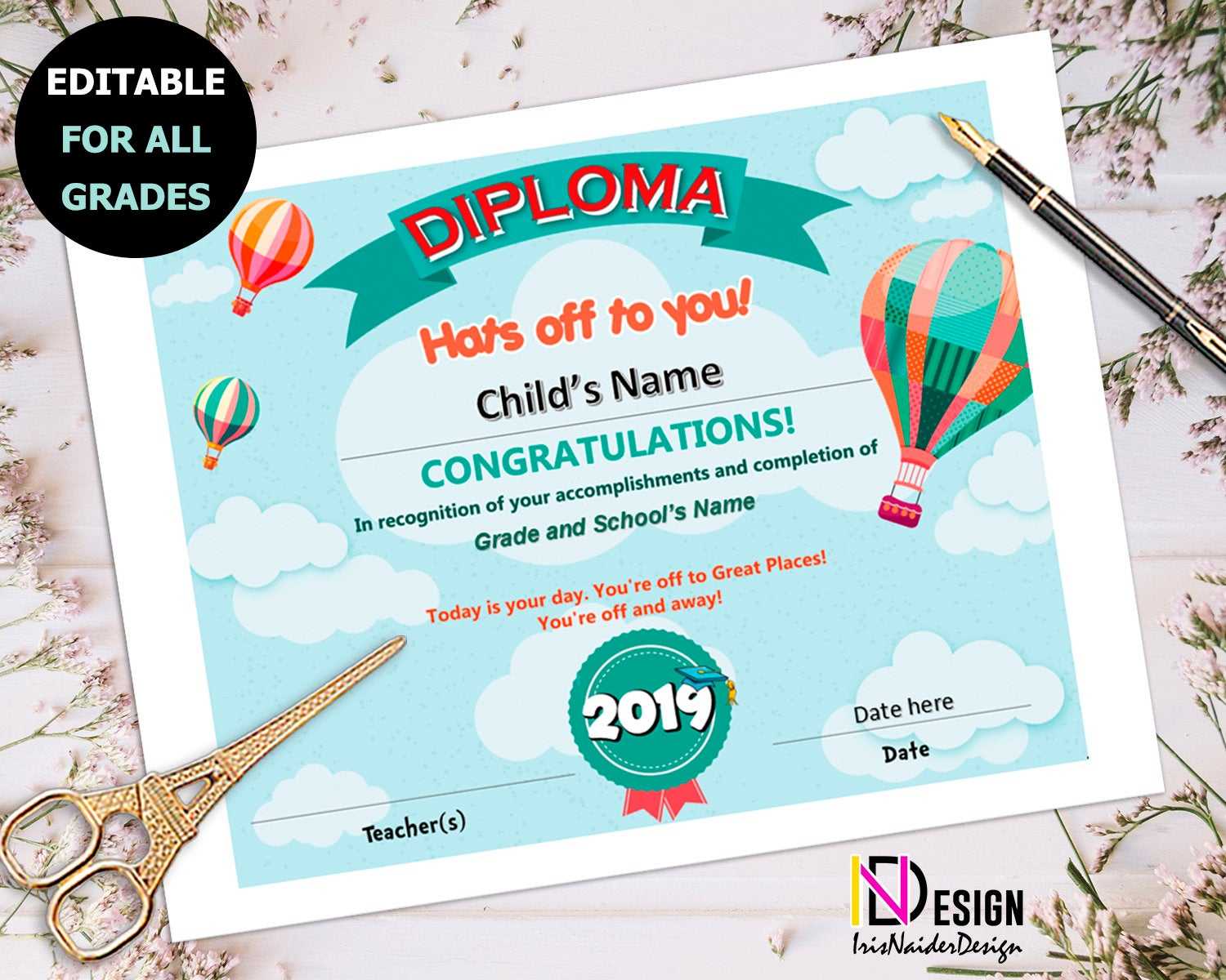 Diploma, Oh The Places You'll Go Inspired Certificate, Kindergarten, Pre K,  1St Grade, Graduation, 2Nd Grade, 3Rd Grade, 4Th Grade,5Th Grade Throughout 5Th Grade Graduation Certificate Template