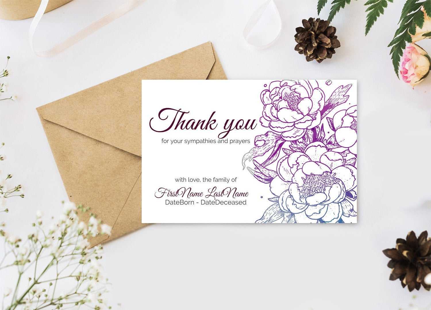 Editable Funeral Thank You Cards. Personalized Sympathy Thank You,  Printable Bereavement Thank You Card – Digital Download Throughout Sympathy Thank You Card Template
