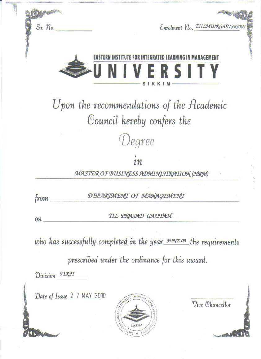 Eiilm University Degree Certificate Sample – 2019 2020 2021 Pertaining To College Graduation Certificate Template