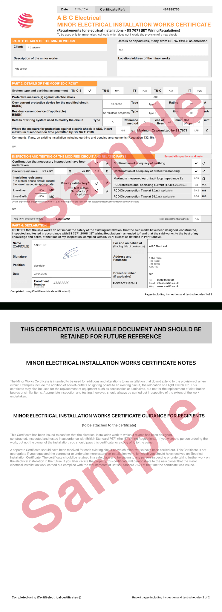 Electrical Certificate – Example Minor Works Certificate With Minor Electrical Installation Works Certificate Template