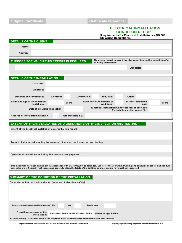 Electrical Installation Condition Report Form – 2 Free Regarding Electrical Installation Test Certificate Template
