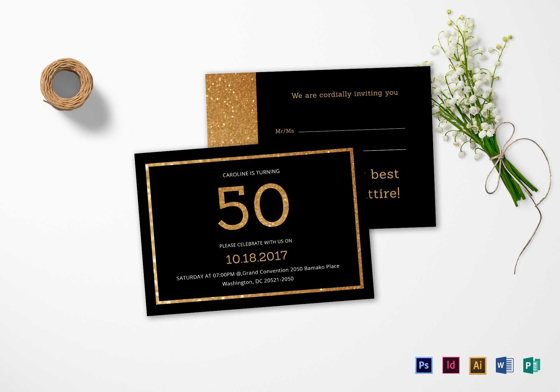 Elegant Black And Gold 50Th Birthday Invitation Template For Birthday Card Template Indesign
